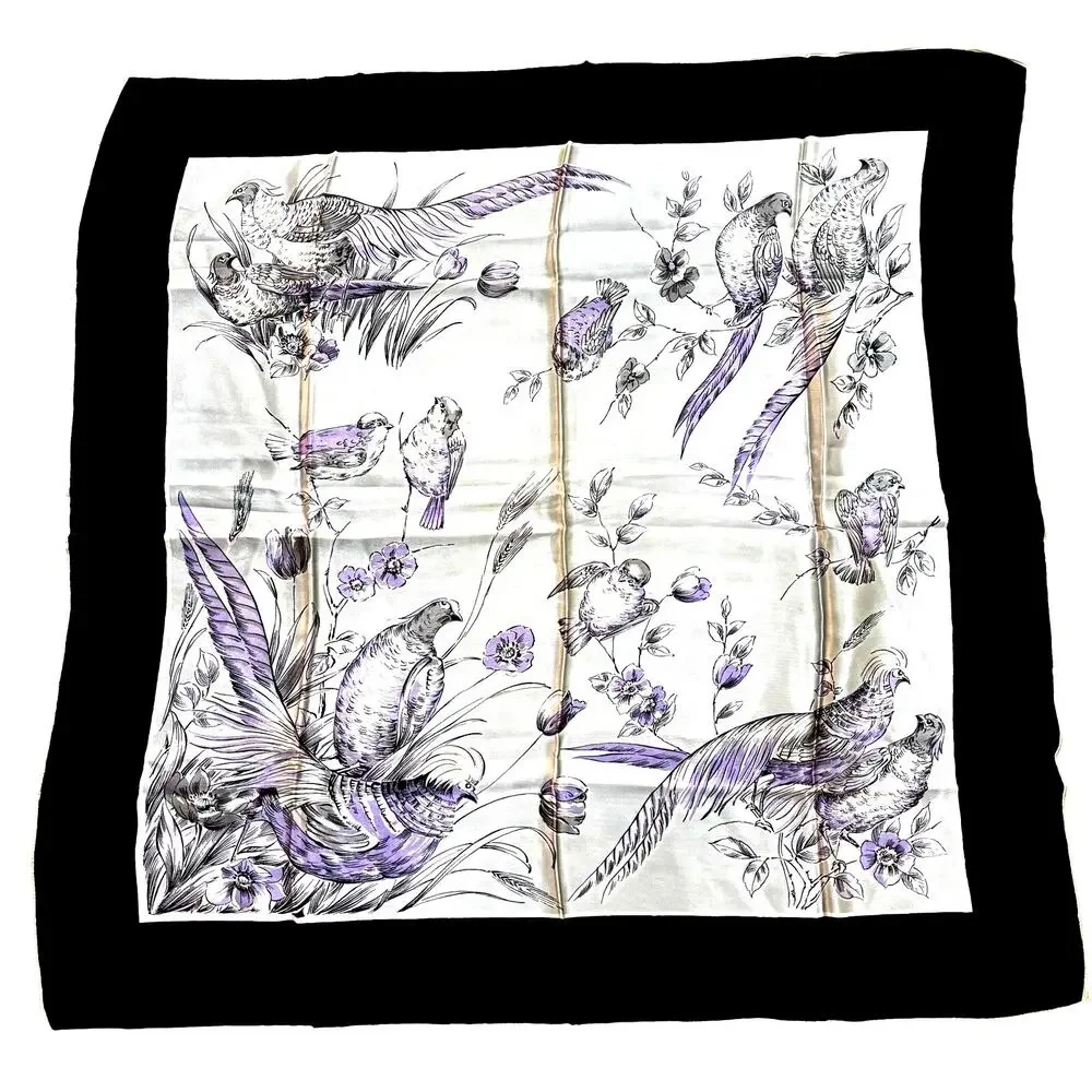 Vintage 1960's heavy silk blend scarf black purple & gray birds flowers square
